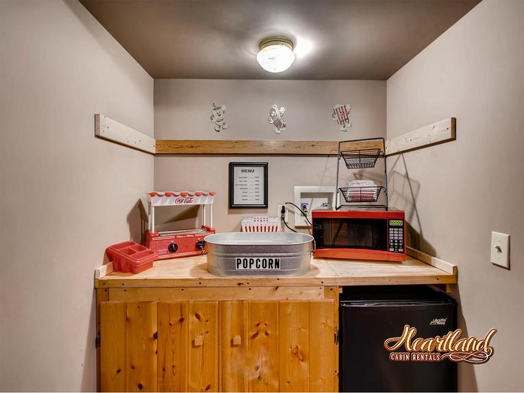 Mini fridge and microwave for popcorn during your movie